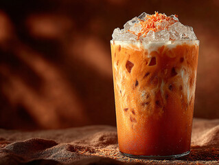 a glass of iced tea with orange and white swirls, placed on a wooden surface. The background features a textured wall with shadows cast on it.