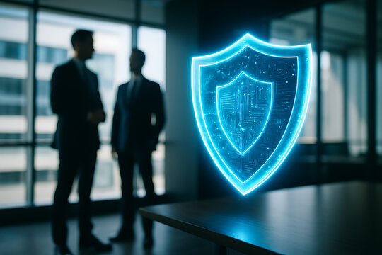 Corporate shield glowing with digital security protection symbolizing safe business infrastructure network defense encryption and technology - Powered by Adobe