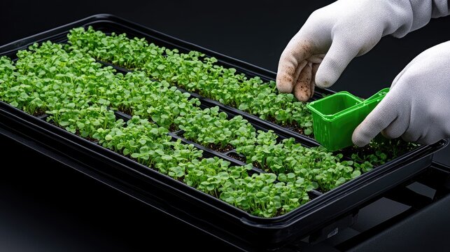 Hands in gardening gloves fill seedling tray squares with rich brown loam while preparing to plant green seed cases - Powered by Adobe