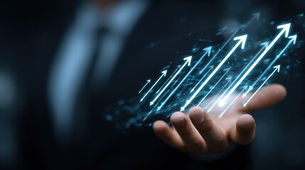 Growth at Hand: A symbol of progress and prosperity as a businessman presents ascending arrows, illustrating concepts like business development, finance and upward trajectory.