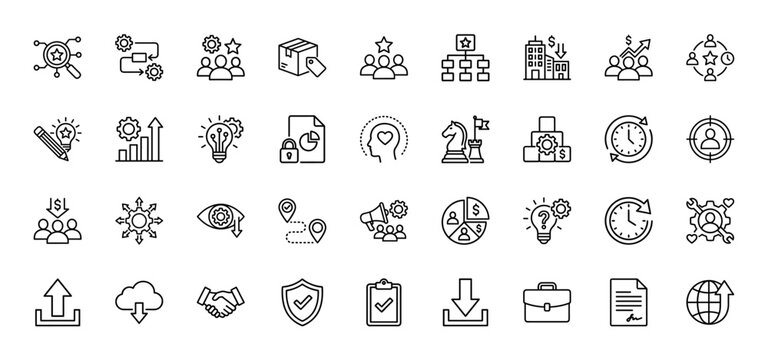 Business and management line icon set. Vector pictograms of teamwork, strategy, finance, and delivery, thin outline illustration.