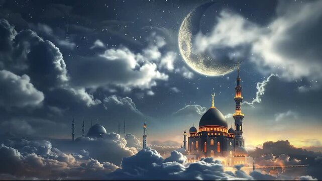 Ornate mosques rest on a sea of clouds under a starry night sky illuminated by warm light and a large crescent moon