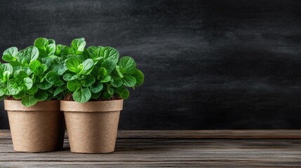 Seedlings thrive in biodegradable pots placed on a wooden surface, surrounded by a vibrant garden setting and warm sunlight