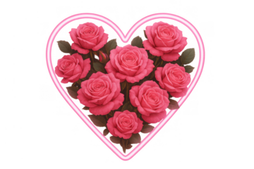 Pink roses forming a romantic bouquet inside a vibrant neon heart outline, symbolizing love and passion on transparent background