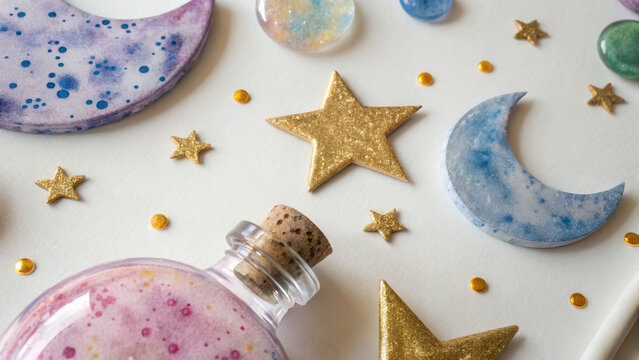 Astrology theme illustration.Colorful celestial themed objects including stars, moons, and potion bottle create magical scene