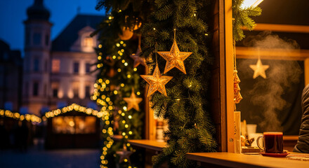 Fototapeta premium Outdoor market stall with a steaming drink and star ornament, showcasing a festive holiday atmosphere and creating a welcoming and joyful scene