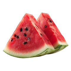 Realistic slices of fresh watermelon two triangular wedges with bright red juicy flesh and black seeds pale green rind with darker green outer skin slices slightly overlapping detailed
