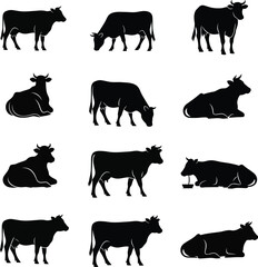 Black cow silhouettes collection on a white background