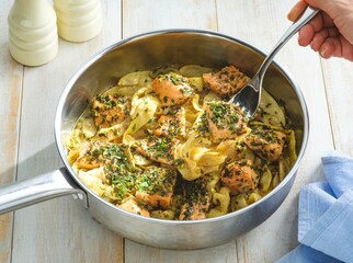 A silver pan showcases golden potatoes and herb-covered salmon being mixed with a spoon. White milk bottles and a soft blue cloth accent the bright dish