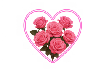 Neon pink heart frame glowing around a bouquet of romantic pink roses, expressing love and romance, transparent background for design