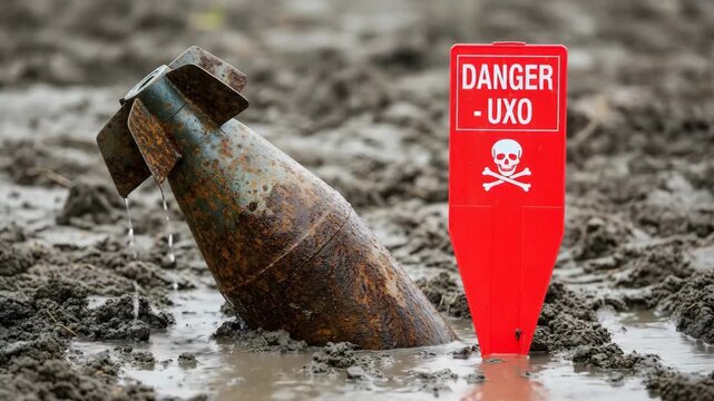Rusty uxo emerge from mud beside hazard warning sign in wet environment