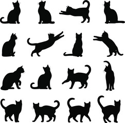Collection of black cat silhouettes in various poses on white