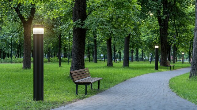 Amidst a serene park setting, a green public trash can stands by a pathway, offering convenience for park visitors enjoying nature