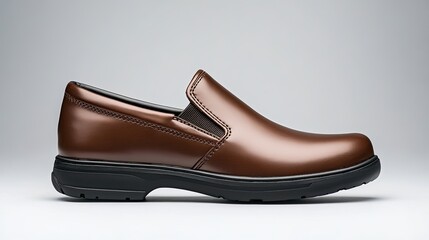 Stylish leather loafers enhance a professional outfit as a man confidently stands on stone steps in an urban setting