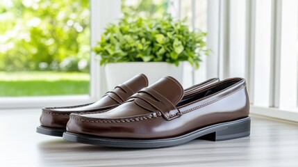 Stylish leather loafers enhance a professional outfit as a man confidently stands on stone steps in an urban setting