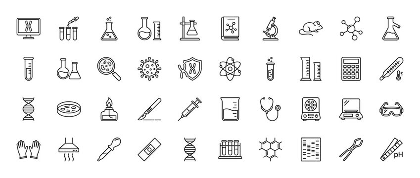 Science and biology line icon set. Vector pictograms of dna, test tube, microscope, laboratory glassware, and tools, thin outline illustration.