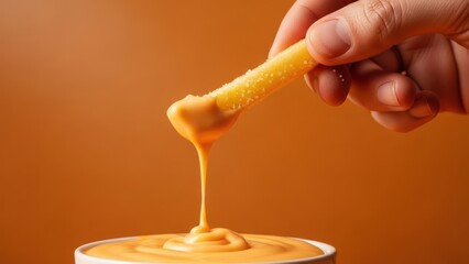 A hand dips a salted french fry into a bowl of gooey orange cheese sauce on an orange background