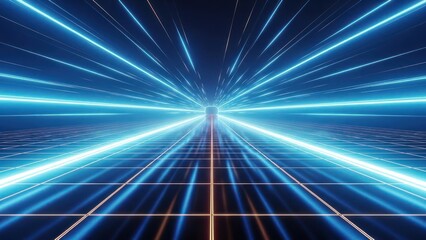 Abstract blue light tunnel with glowing grid lines receding into a distant point