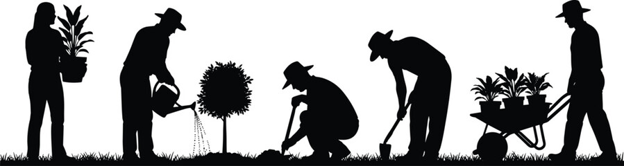 Gardening activity silhouette, teamwork in garden, black figures, outdoor planting, white background, garden tools, nature work illustration