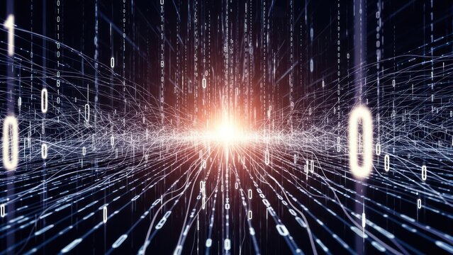 Abstract digital landscape showing binary code and data lines converging to a light - Powered by Adobe