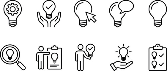 Idea icon set, innovation symbol graphic, creative thinking badge, light bulb illustration, concept validation element, brainstorming design