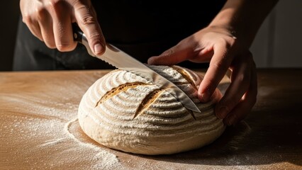 Baker's hands scoring a round, rustic bread dough loaf with a knife on a wood surface