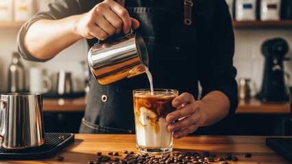 Barista in apron pours creamy milk into an iced coffee glass on a wooden counter with beans