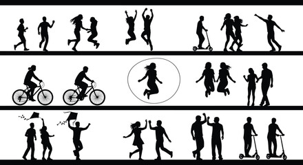 Outdoor activity silhouettes, running, jumping, biking, kite flying, scooter riding, recreation, movement, outline style, dynamic pose, leisure