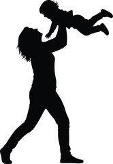 Parent lifting child silhouette, playful moment, black figures, bonding gesture, white background, family connection, joy concept illustration
