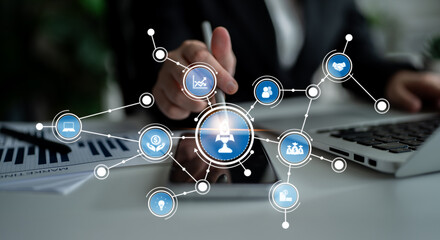 A business professional engages with digital icons symbolizing law and finance in a modern workspace, highlighting innovation, analytics, and connectivity. Crux