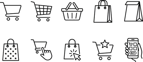 Shopping cart icon, e-commerce basket, online store bag, retail purchase symbol, digital commerce graphic, buy now illustration, checkout interface element © It's Sohan Here