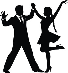 Silhouette of dancing couple, elegant pose, black and white art, formal attire, graceful movement, romantic dance illustration