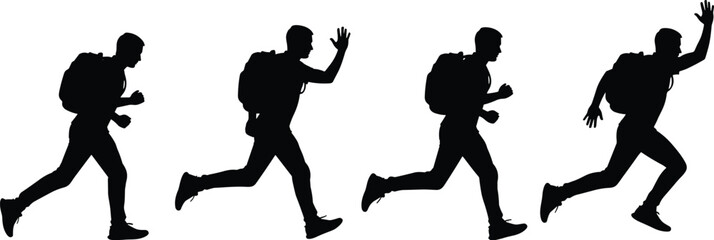 Silhouette of person running and jumping, backpack figure, black and white art, motion sequence, athletic pose, dynamic movement illustration