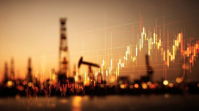 Oil Industry Dynamics: A visual depiction of the oil industry's fluctuating fortunes, featuring silhouettes of drilling rigs overlaid with a graph representing market trends.
