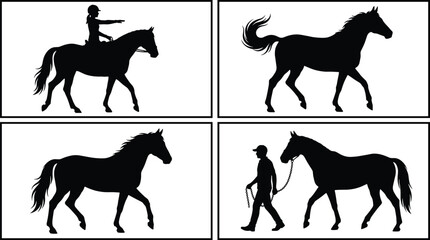 Silhouette, horse, rider, walking, leading, human interaction, motion, black, minimal, illustration, animal, equestrian, pose, dynamic, concept, design, teamwork, nature, freedom, white background