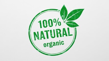 Circular green 100% NATURAL organic stamp with leaves, rustic texture, white backdrop