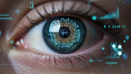 Close-up human eye with glowing digital circuit iris, data overlays, and a central brain-tree