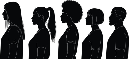 Silhouettes of diverse individual profiles, black and white art, unique hairstyles, human diversity, expressive figures, minimalist identity illustration