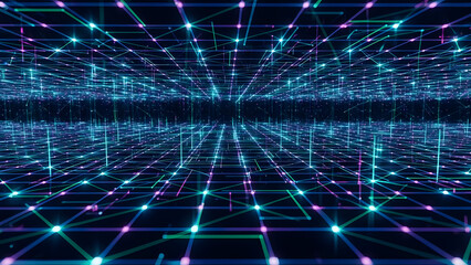 Abstract Cyber Grid Perspective with Glowing Nodes and Lines A Futuristic Digital Landscape Representing Data Networks and High Tech Systems