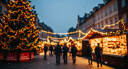 Obraz premium Out-of-focus view of a Christmas tree and market in snowy city, creating festive atmosphere, representing holiday spirit and winter celebration