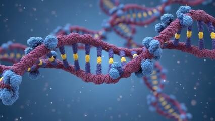 Detailed 3D render of multiple intertwined DNA double helix strands on blue background