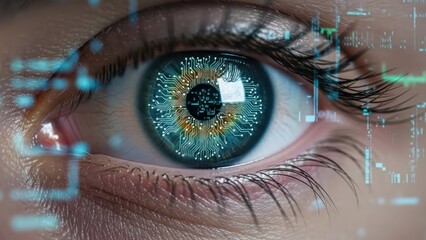 Detailed human eye with vibrant blue iris, glowing digital data overlaying the pupil