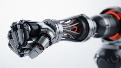 Detailed metallic robotic arm with clenched fist, glowing red lights, internal wires