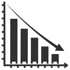 Graph with decreasing bar chart and downward arrow symbolizing business decline and loss