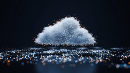 Digital cloud of data particles floating above a glowing network on a dark background