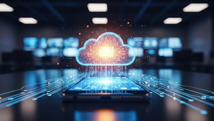Digital cloud data flows from smartphone, network connection in a tech environment