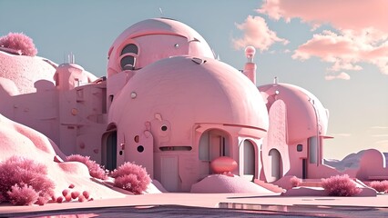 Pink Dome Houses in Futuristic Desert Community