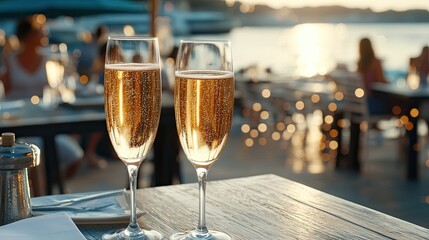 Two sparkling glasses of champagne rest on a deck, overlooking a beautiful ocean and a majestic cruise ship at sunset