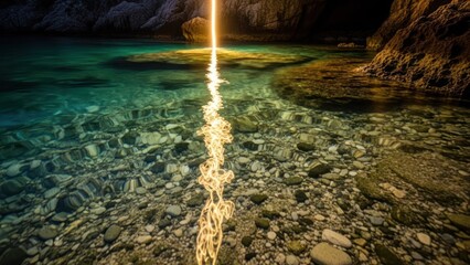 Dramatic golden light beam reflects on clear turquoise water in a rocky natural cave
