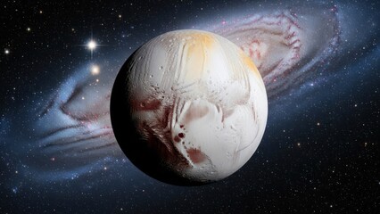 Dwarf planet with reddish and white surface, against a majestic spiral galaxy and stars